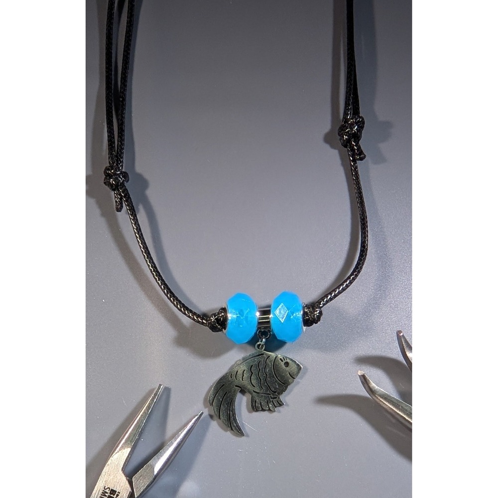 Stainless Steel Fish Charm Necklace Adjustable Black Cord Blue Beads Nautical